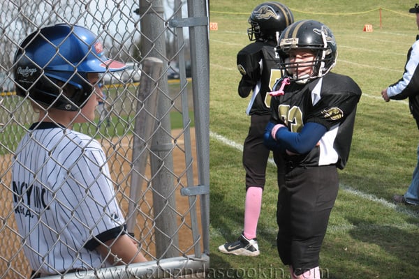 Photos of Amanda\'s son Dominic playing baseball and football.