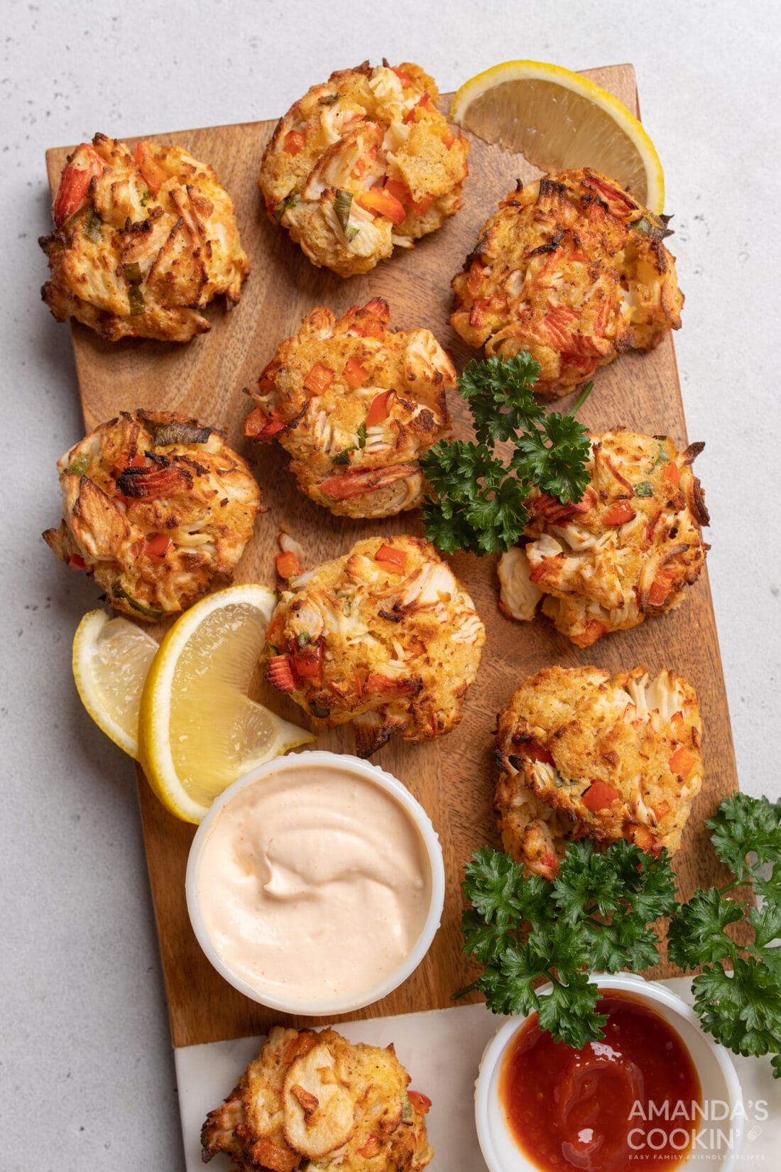 Air Fryer Crab Cakes ON A CUTTING BOARD