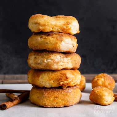 stack of sugared air fryer donuts