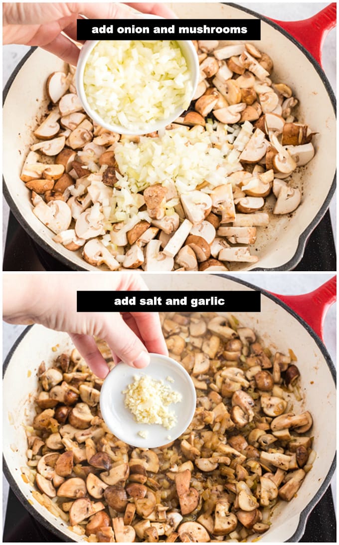adding onion, mushrooms, and garlic to pan