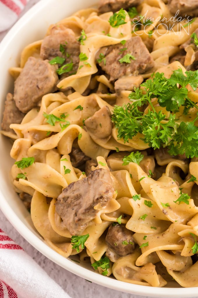 bowl of beef stroganoff with egg noodles