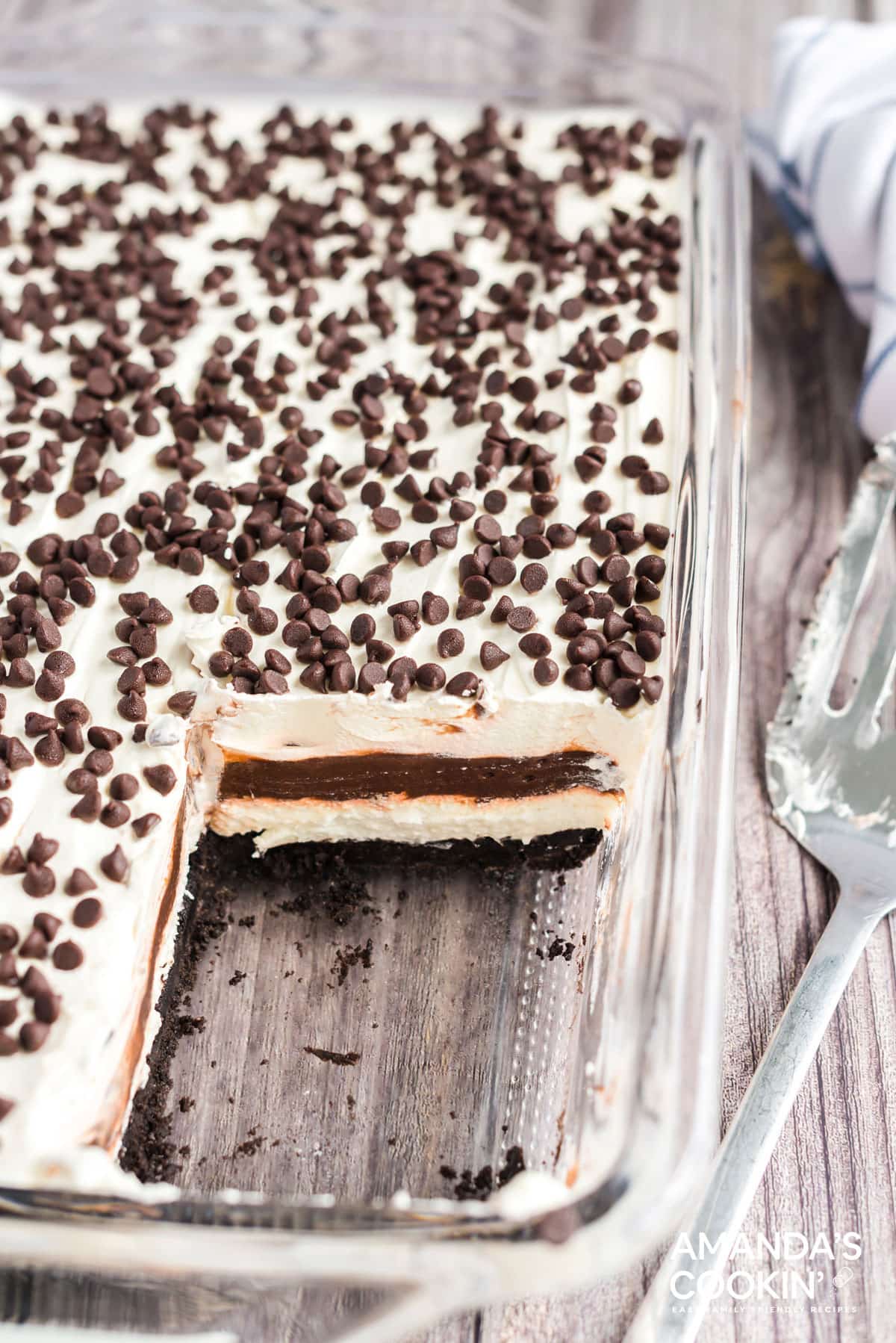 pan of chocolate lasagna with a slice removed