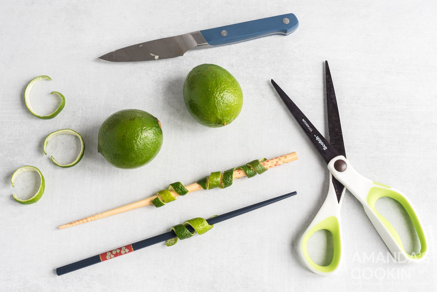 scissors, lime, chopstick