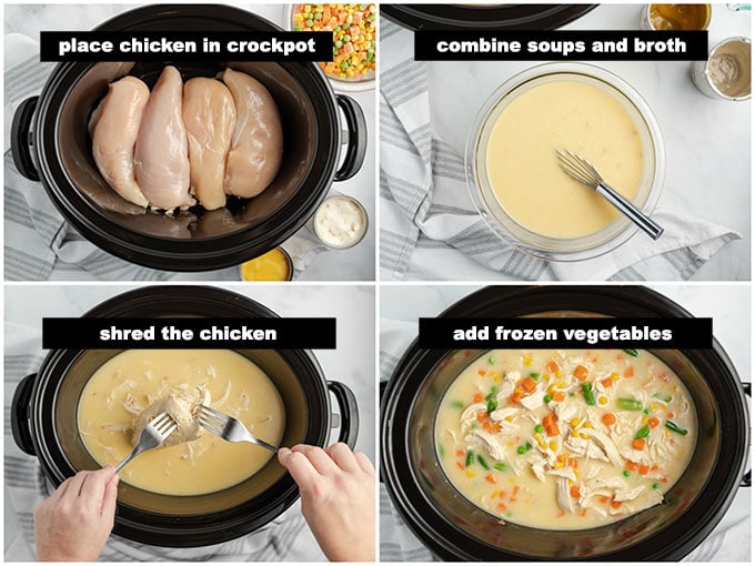 crockpot with chicken and broth and vegetables
