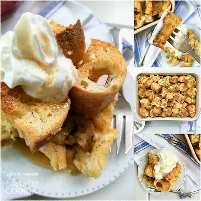 A collection of pictures of french toast casserole. 