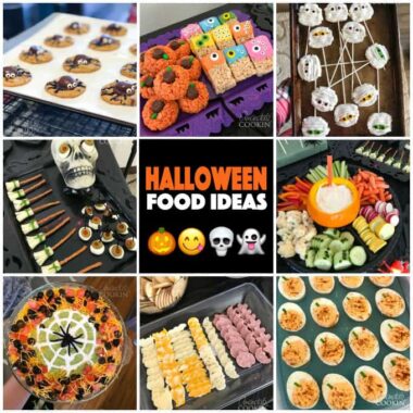 collage of 8 photos showing different halloween party food