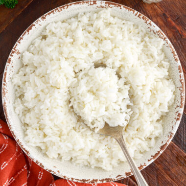 Overhead photo of a bowl of rice with a spoon