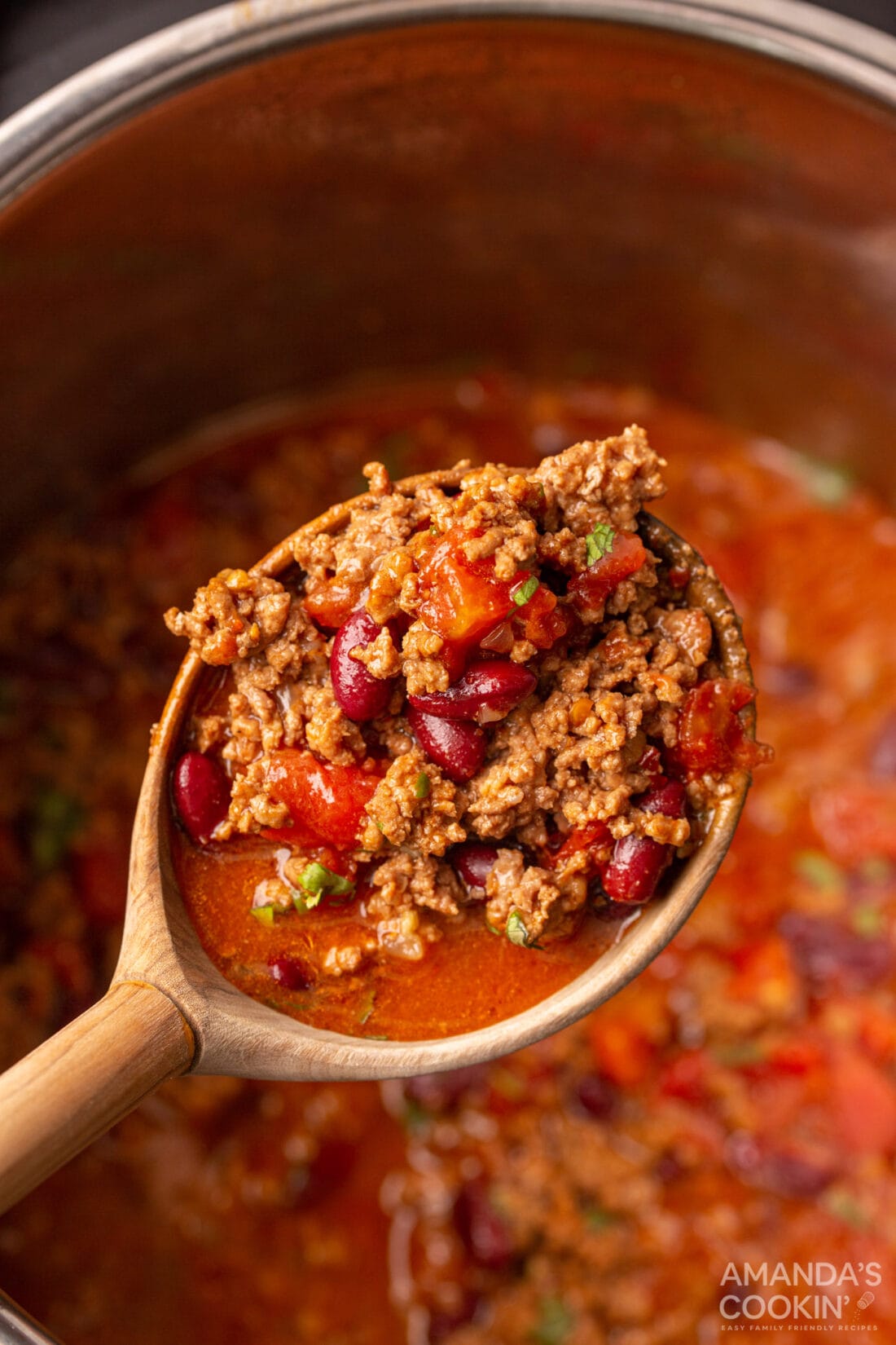 wooden spoon of Instant Pot Chili