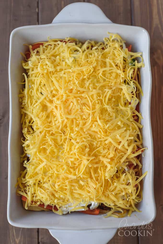 shredded cheese on the casserole