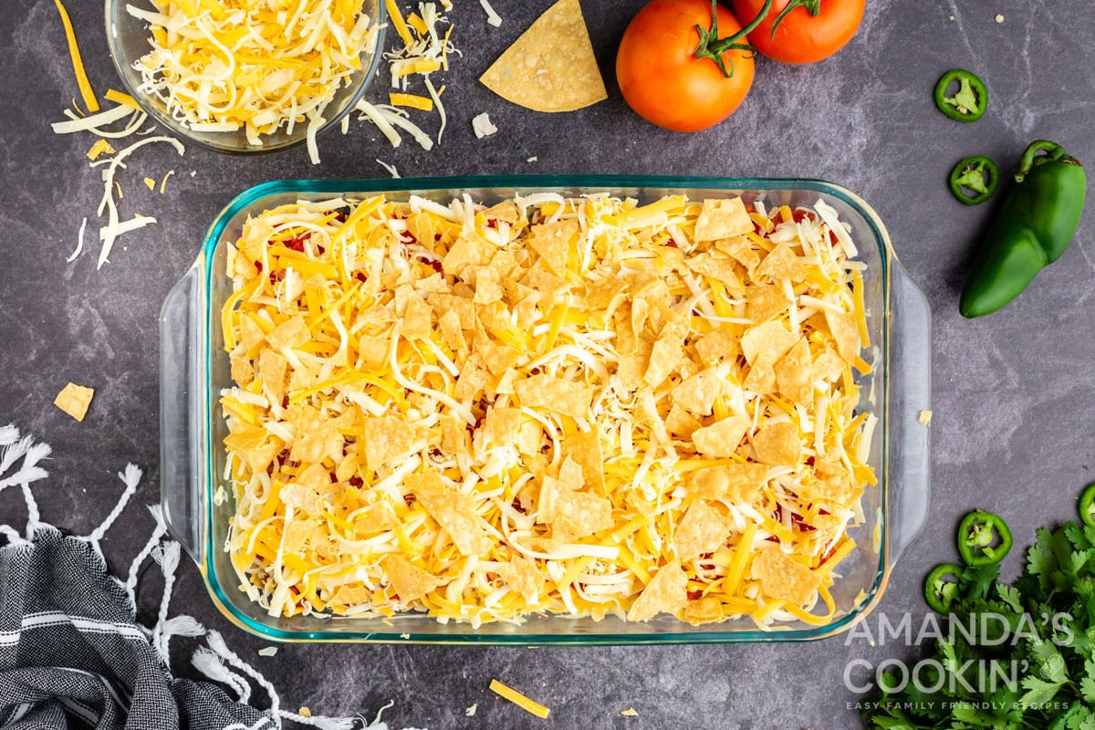 chips and cheese layer in casserole dish