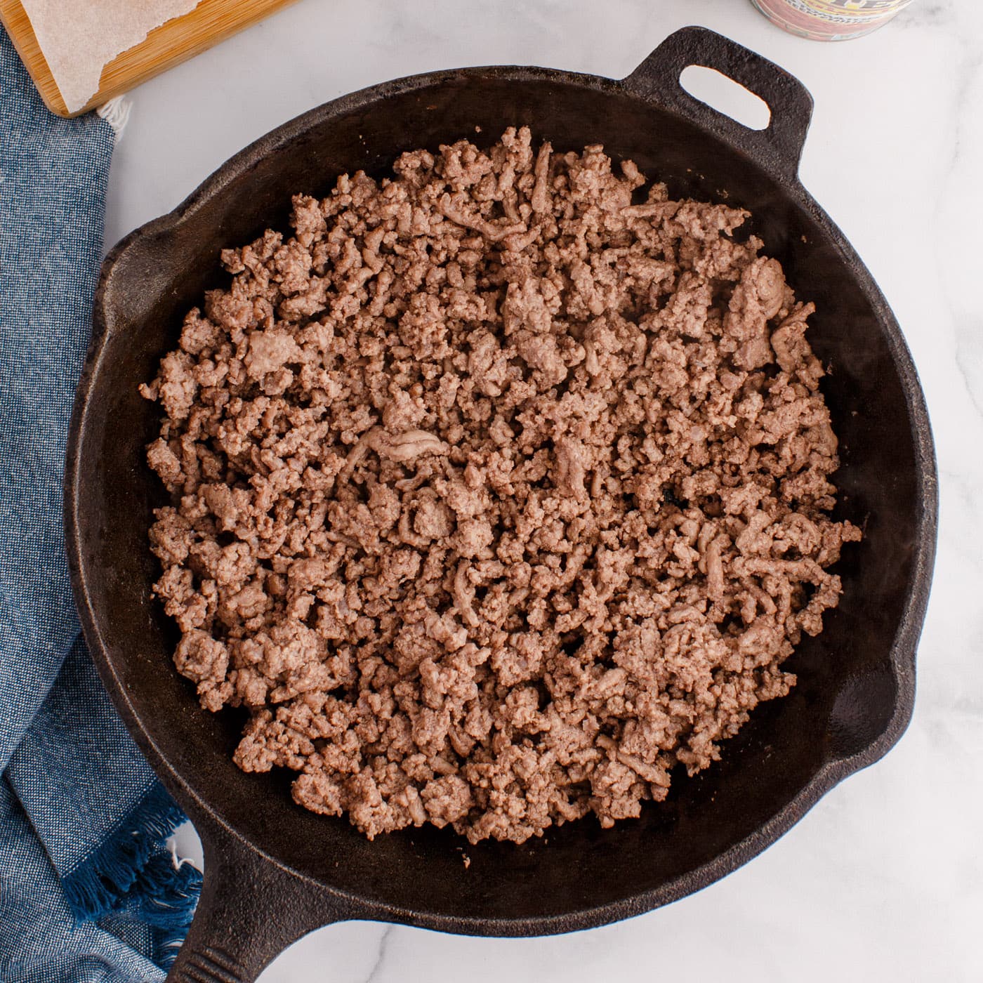 browned ground beef in a skillet