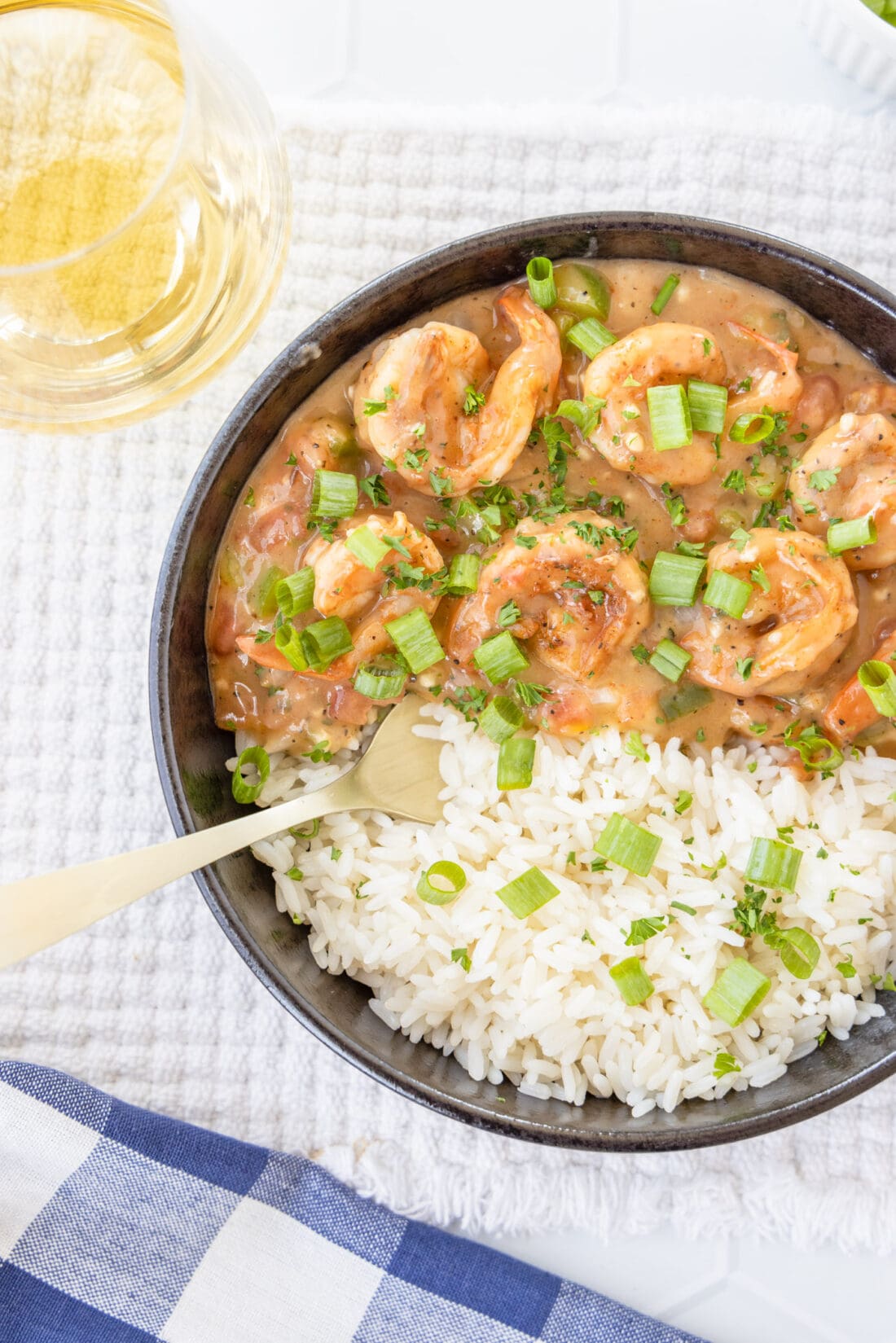 Shrimp Etoufee in a bowl with rice
