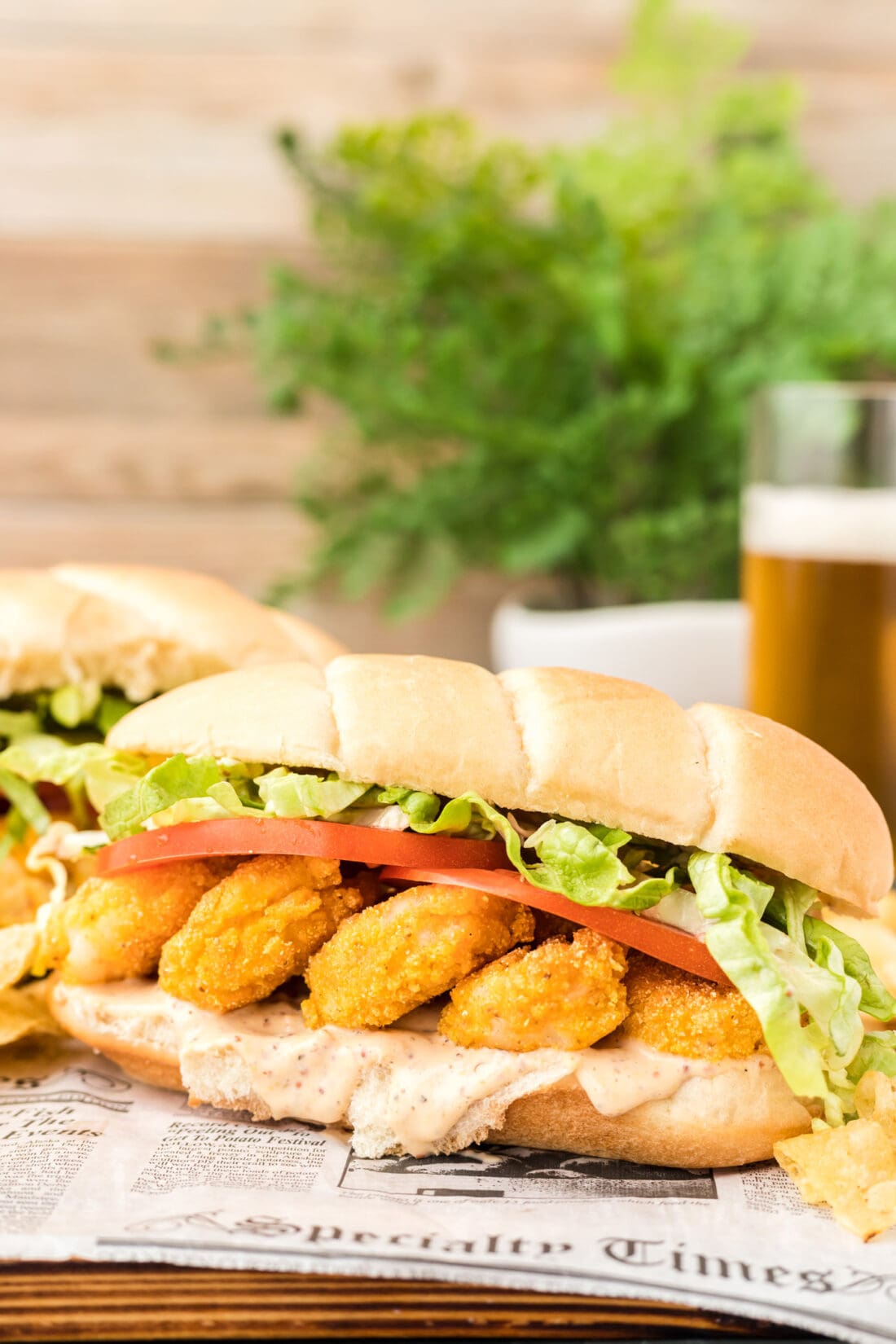 Shrimp Po Boy with a beer