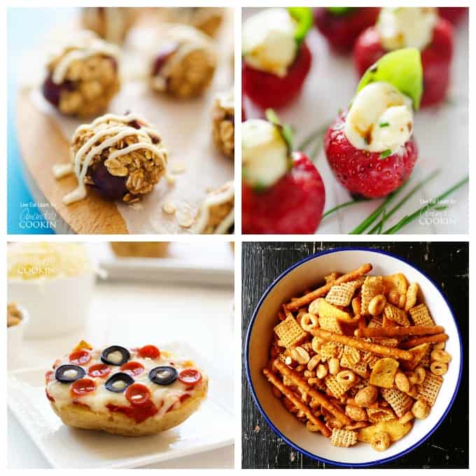 Photos of Cherry Cheesecake Energy Bites, Whipped Brie Stuffed Strawberries, Baked Potato Pizzas and Taco Chex Mix.