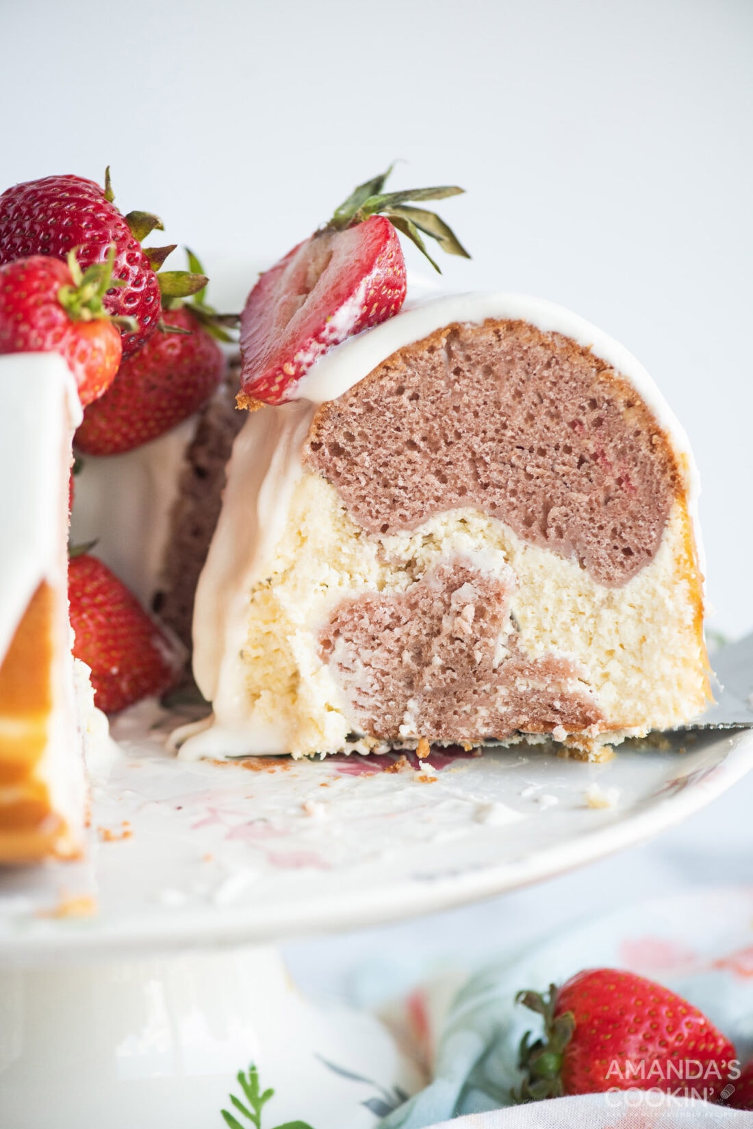 slice of strawberry bundt cake